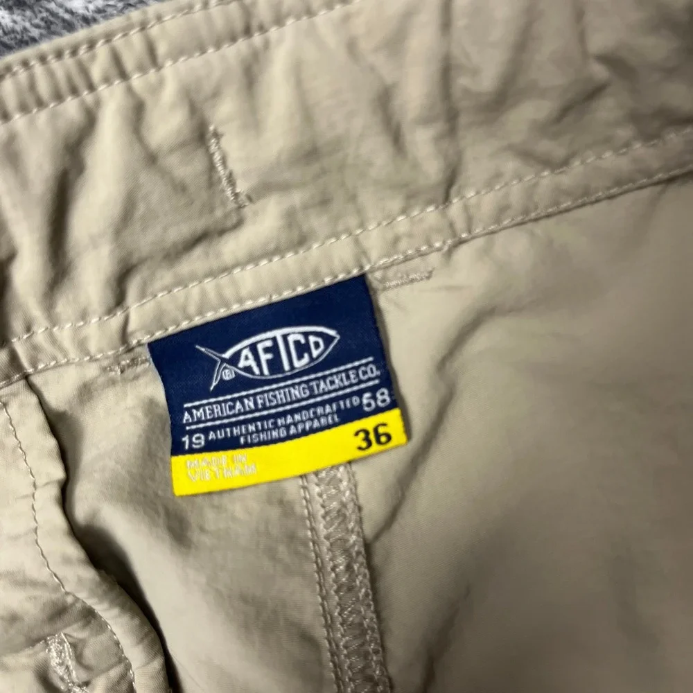 AFTCO Mens Fishing Pants Khaki Nylon Cargo Utility Drawstring Tan Size 36